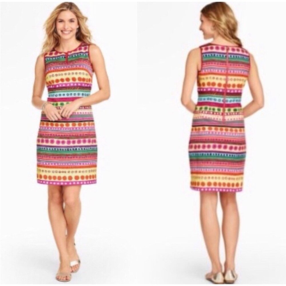 Talbots Dress Colorful 14P 14 P Sheath Stretch Cotton Washable Sleeveless Summer